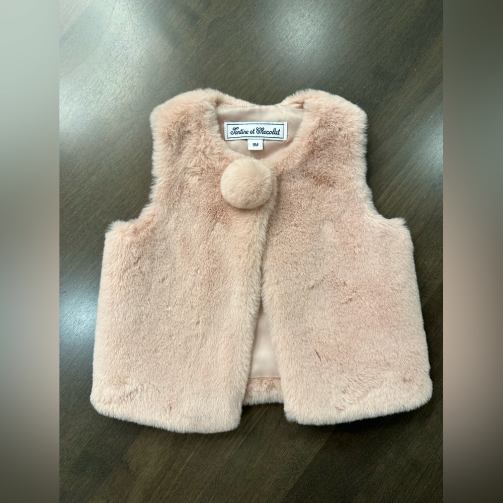 Tartine et Chocolat Blush Pink Faux Fur Vest with Pom Detail